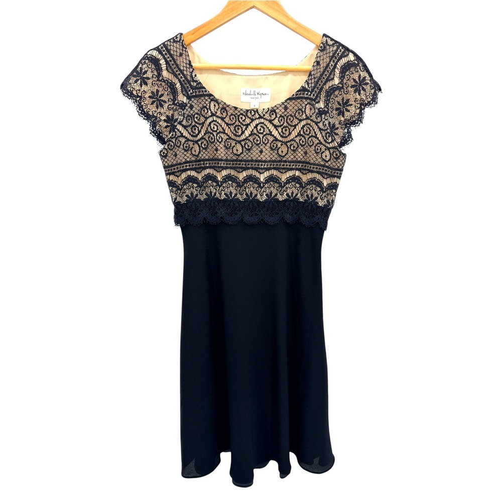 Vtg Elizabeth Wayman NY Black Lace Cocktail Dress Cap Sleeve 6 USA Gothic LBD